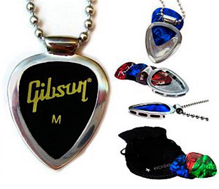 PickBay Guitar Pick Holder Necklace - Stainless Steel Pendant With 3 Picks & Chain - Perfect Music Gift